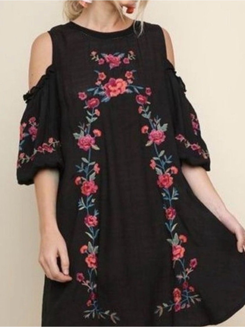 Umgee Black Cold-Shoulder Mini Dress with Pink Floral Embroidery